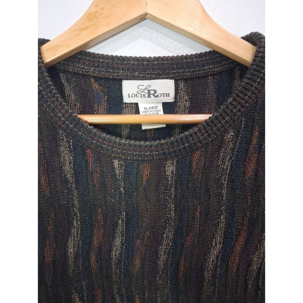 Louis Roth Mens XL Textured 3D Knit Sweater Multicolor Abstract Crew Neck Turkey